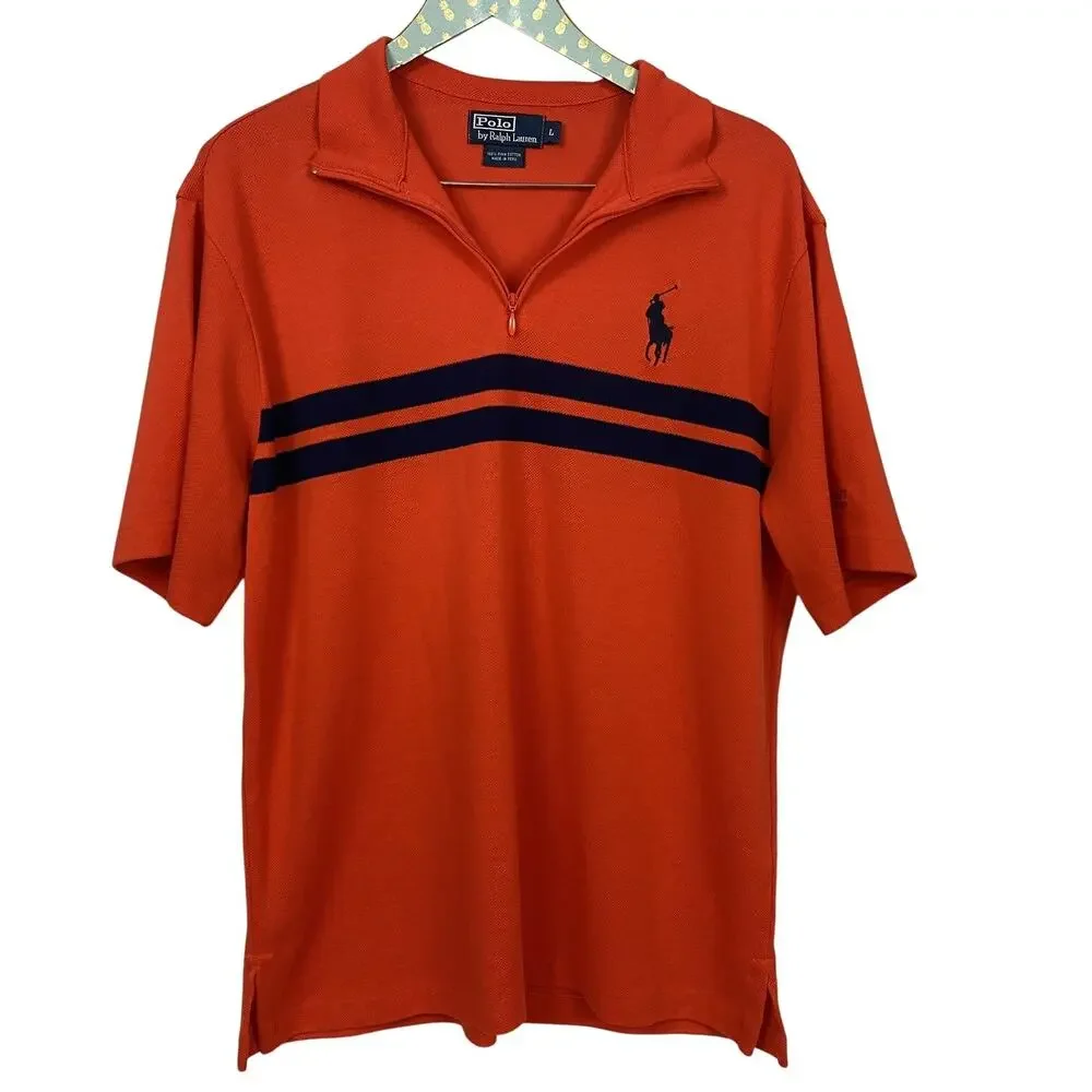 Polo Ralph Lauren Polo Shirt Mens Large Big Pony Quarter Zip Stripe Rugby Orange